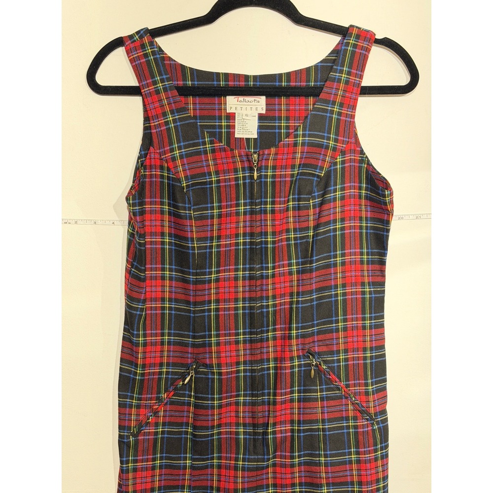 Talbots Vintage 90s Red Tartan Plaid Zip Front Shift Dress Schoolgirl Mini 6P